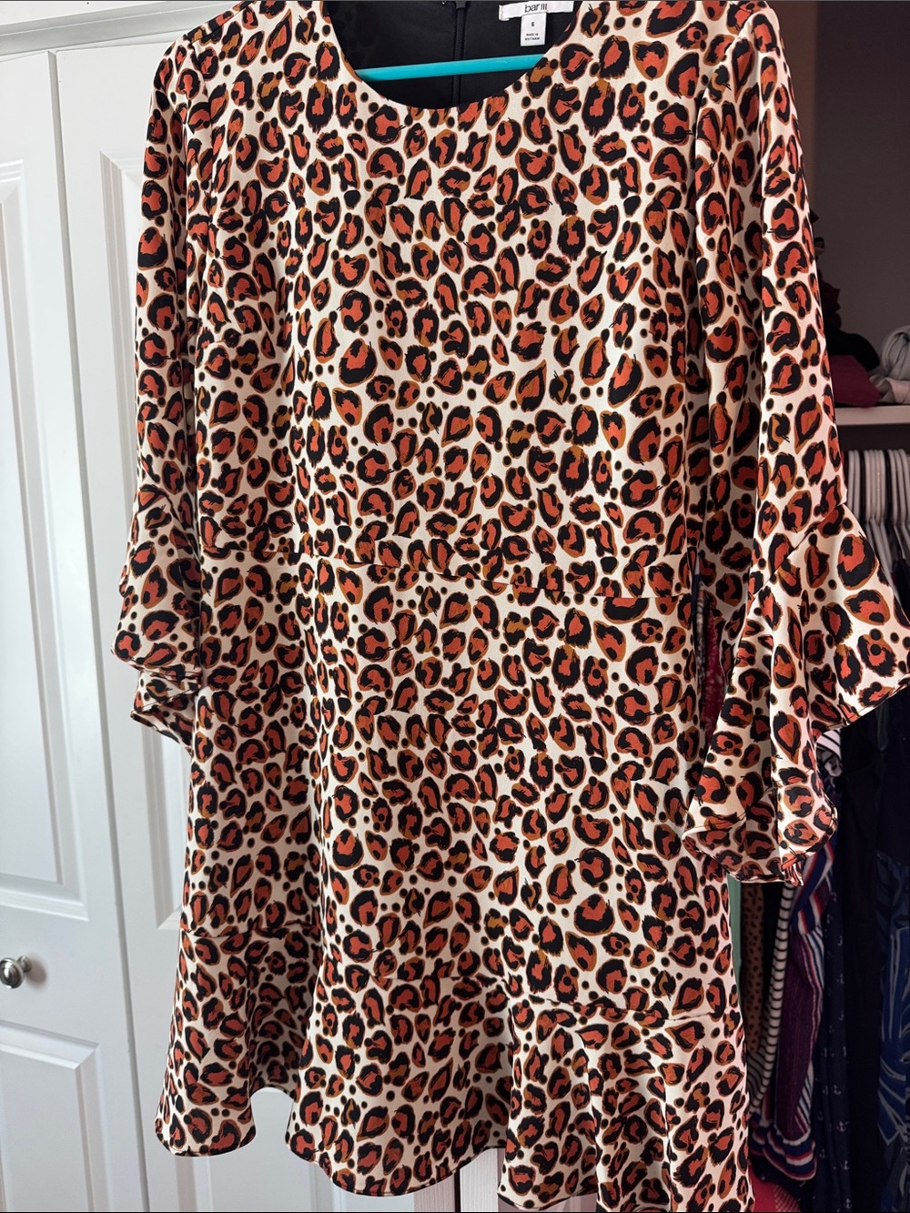 Bar III Leopard Print Long Sleeve Ruffle Dress - Cream, Brown, Black